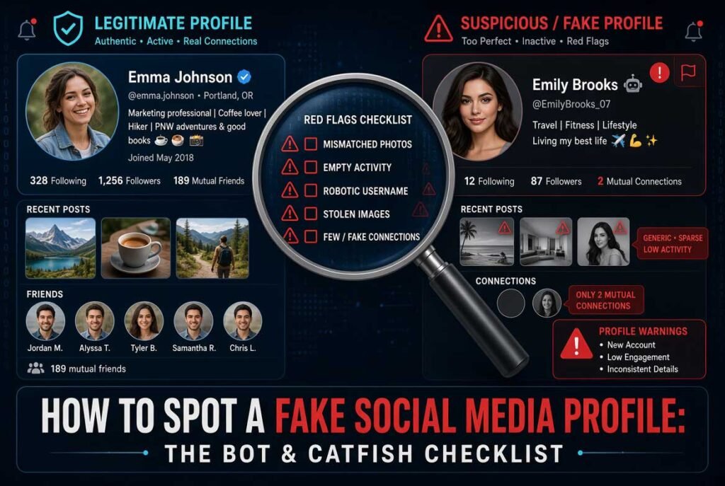 How to Spot a Fake Social Media Profile: The Bot & Catfish Checklist How to Spot a Fake Social Media Profile. Side-by-side comparison of a real social media profile versus a fake bot profile showing key differences