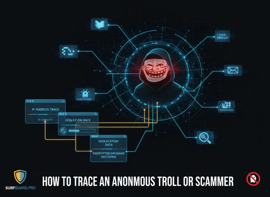A computer screen showing Grabify and CanaryToken tracking results with IP address data used to trace an anonymous troll or scammer.
