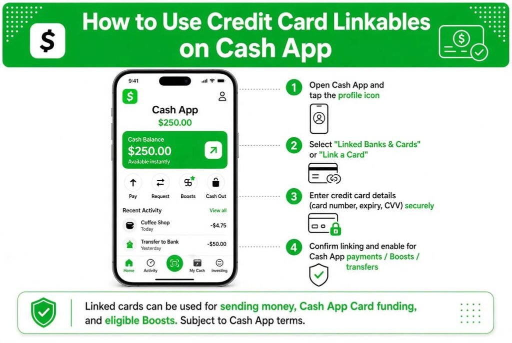 How to Use Credit Card Linkables on Cash App, PayPal & Apple Pay How to use credit card linkables on Cash App, PayPal and Apple Pay showing three platform icons with a credit card and connection lines.
