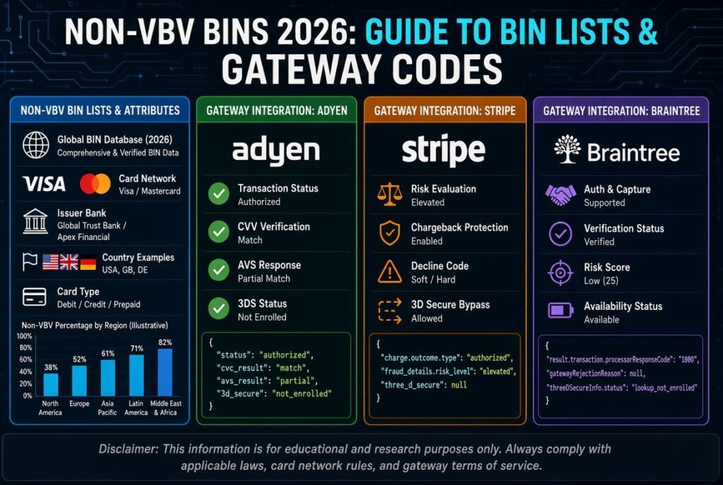 Non VBV BINs 2026: Guide to BIN Lists for Adyen, Stripe, Braintree Non VBV BINs 2026 guide with credit cards and payment gateway logos