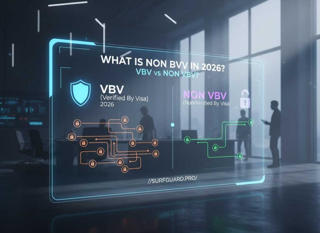 What Is Non VBV in 2026 infographic showing VBV vs Non VBV comparison with verified by visa authentication and non vbv bypass