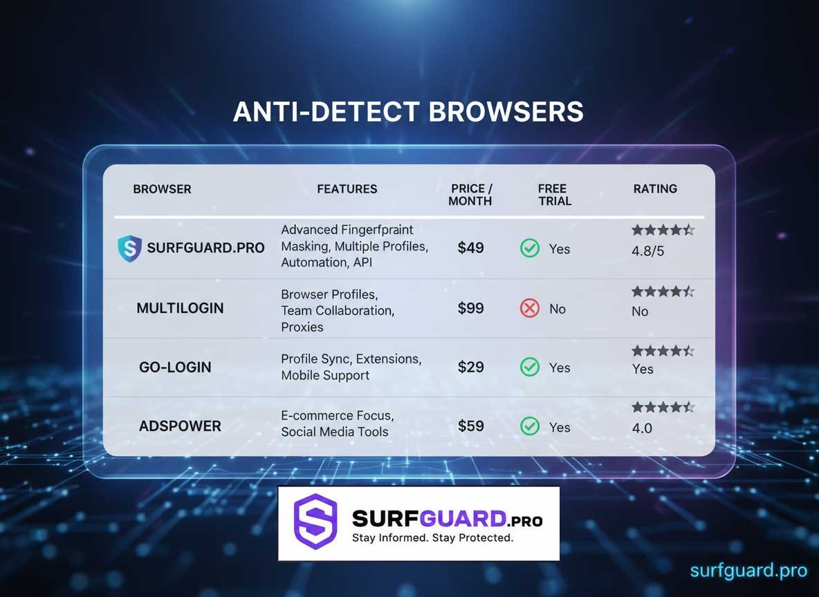 Comparison of top anti-detect browsers for carding in 2026 including Multilogin, AdsPower, GoLogin, and Indigo