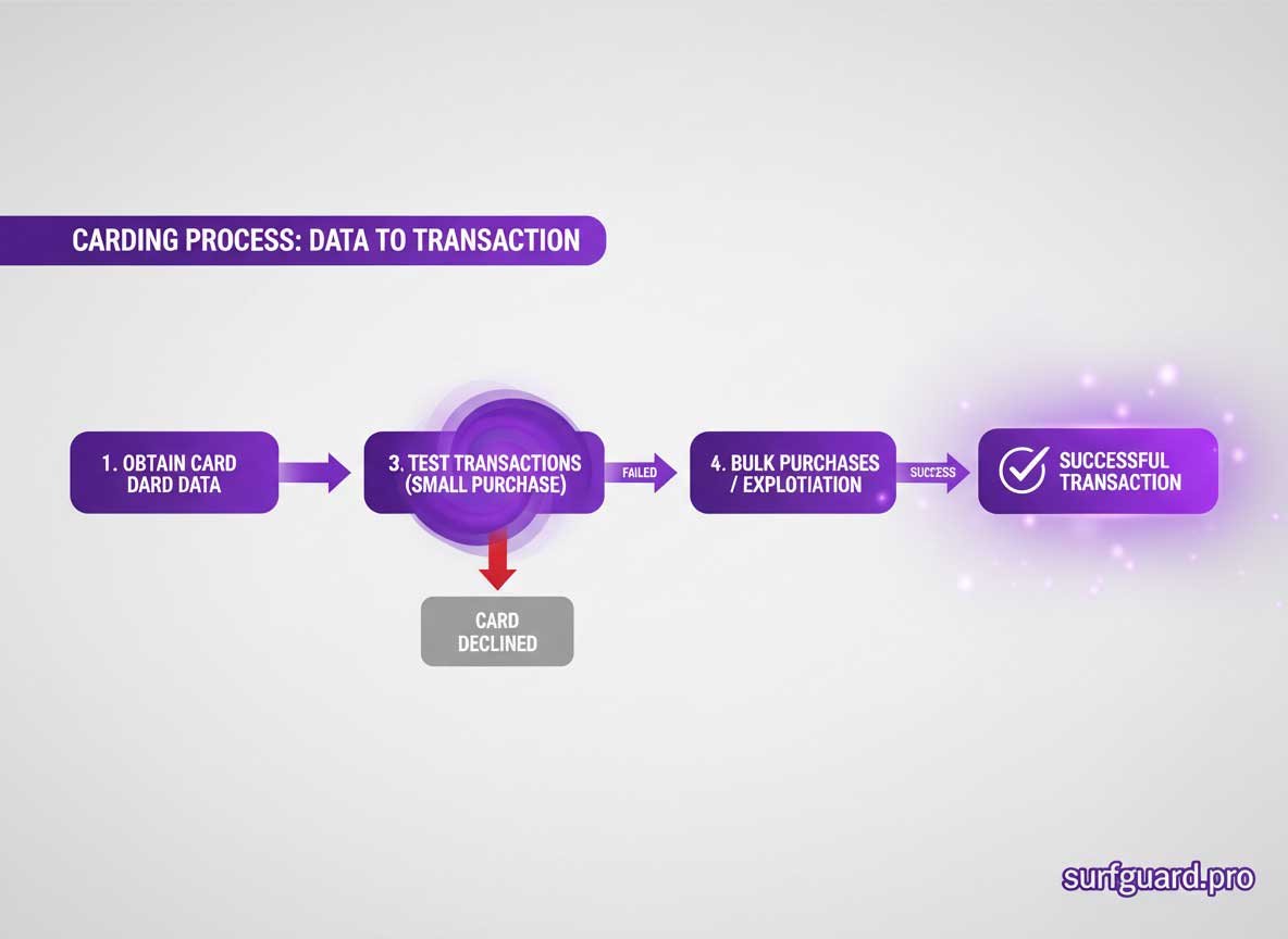 Flowchart illustrating the carding process from obtaining credit card data to successful transaction in 2026.