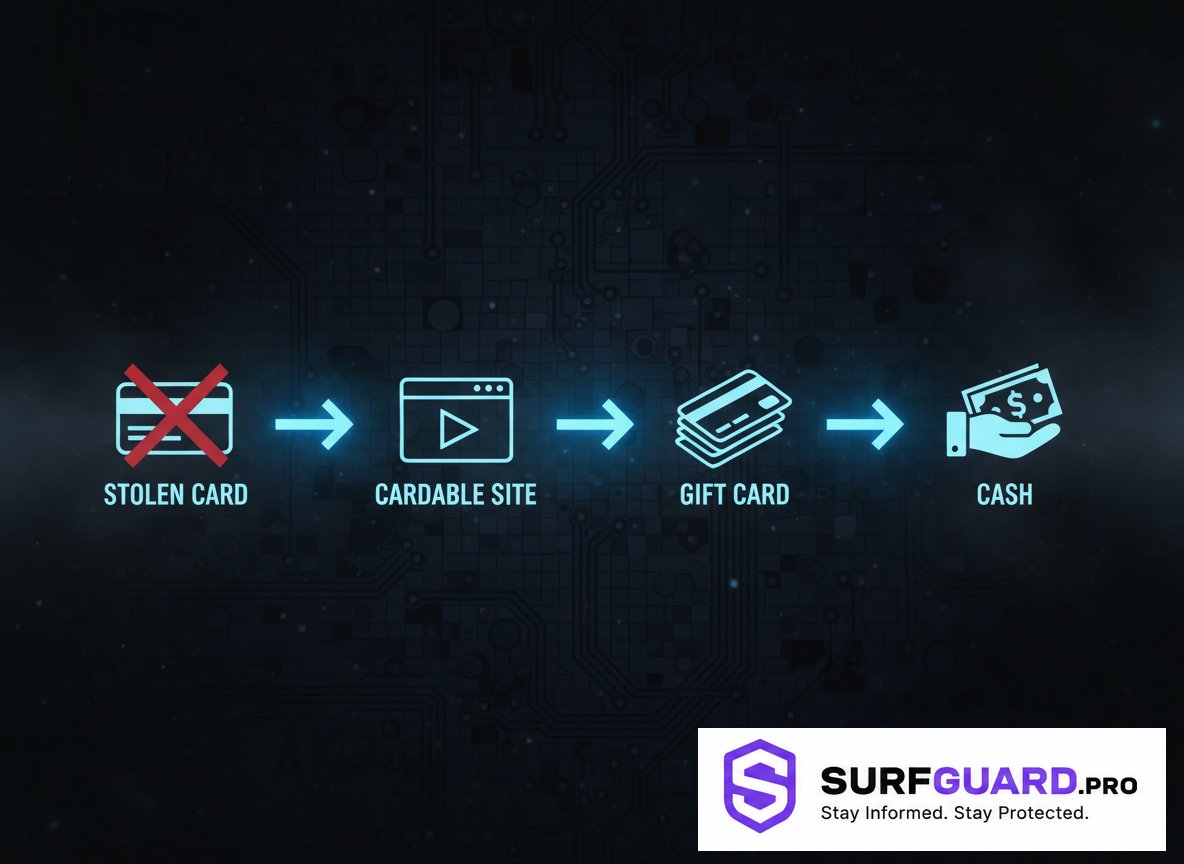 Flowchart explaining how cardable gift card sites convert stolen cards into cash