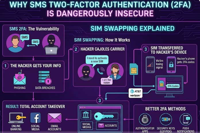 Why SMS Two-Factor Authentication (2FA) is Dangerously Insecure (SIM Swapping Explained) SMS Two-Factor Authentication (2FA). Why SMS 2FA is insecure SIM swapping explained guide 2026